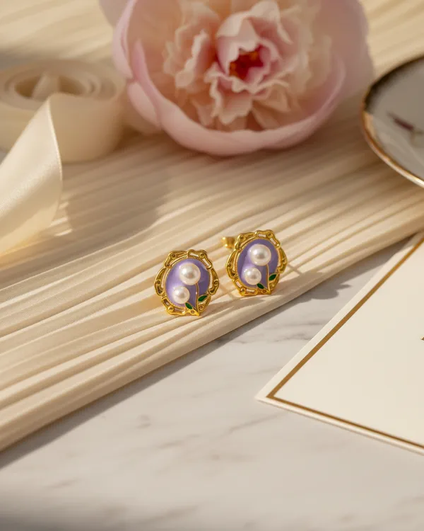 Gold_Plated__Lavender_Enamel_Dual_Pearl_Stud_Earrings_For_Women