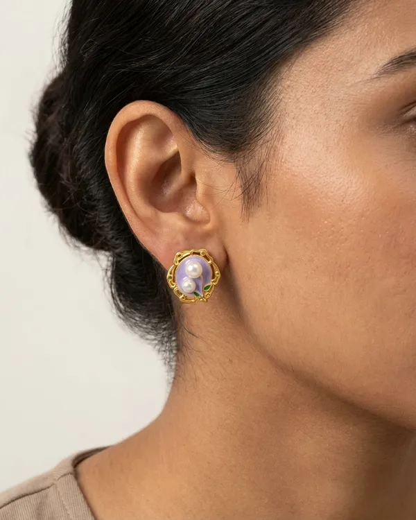 Gold_Plated__Lavender_Enamel_Dual_Pearl_Stud_Earrings_For_Women