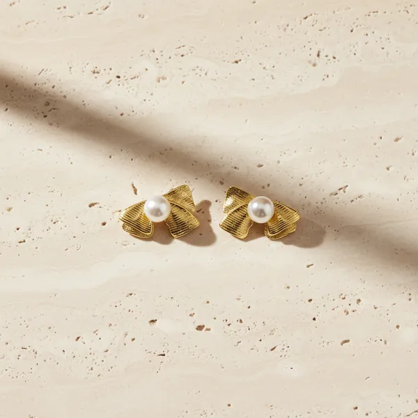 Gold_Plated_Ribbon_Bow_Pearl_Stud_Earrings_For_Women