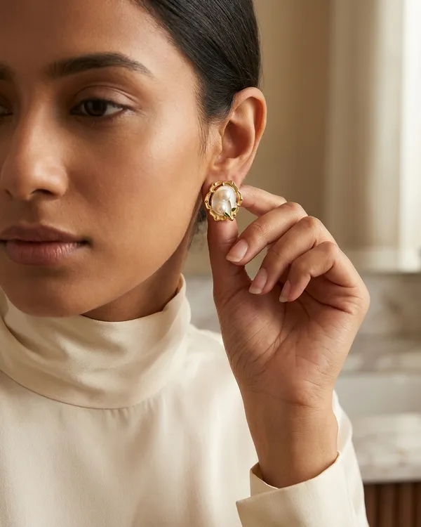 Gold_Plated_Lily_Of_The_Valley_Enamal_Pearl_Stud_Earrings_For_Women
