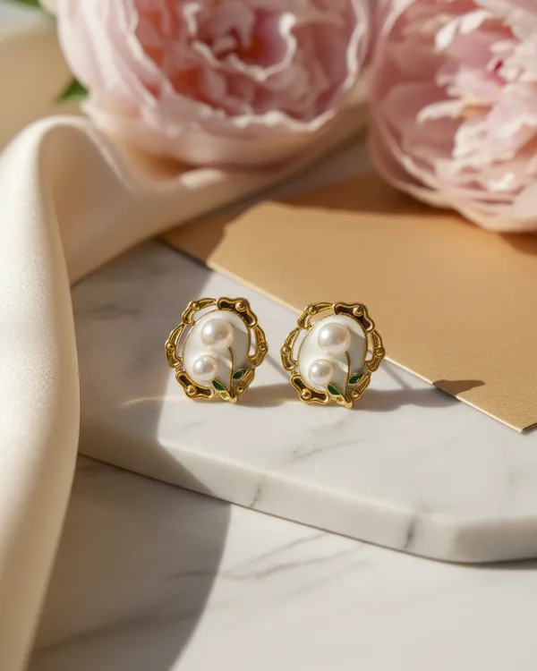 Gold_Plated_Lily_Of_The_Valley_Enamal_Pearl_Stud_Earrings_For_Women