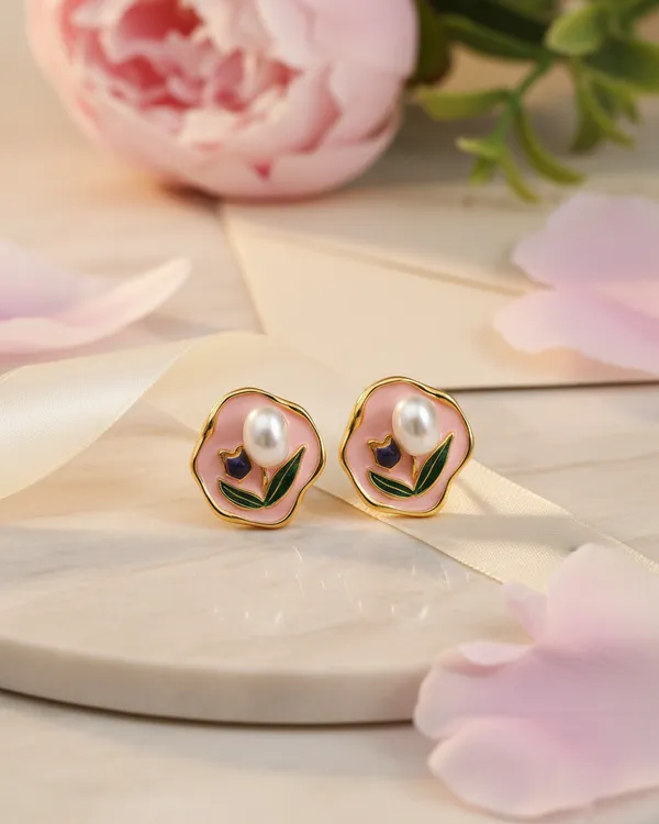 Gold_Plated_Pink_Enamel_Tulip_Pearl_Stud_Earrings_For_Women