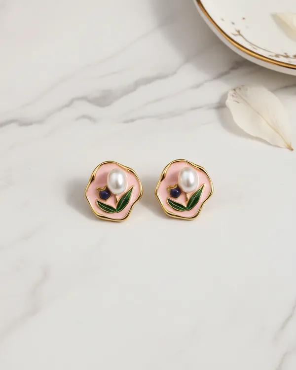 Gold_Plated_Pink_Enamel_Tulip_Pearl_Stud_Earrings_For_Women
