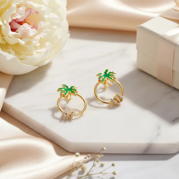Gold_Plated_Green_Enamel_Palm_Tree_Circle_Cz_Earrings_For_Women