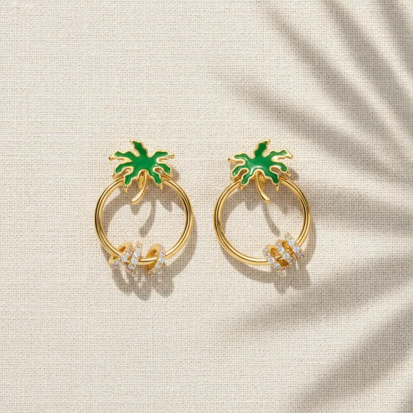 Gold_Plated_Green_Enamel_Palm_Tree_Circle_Cz_Earrings_For_Women