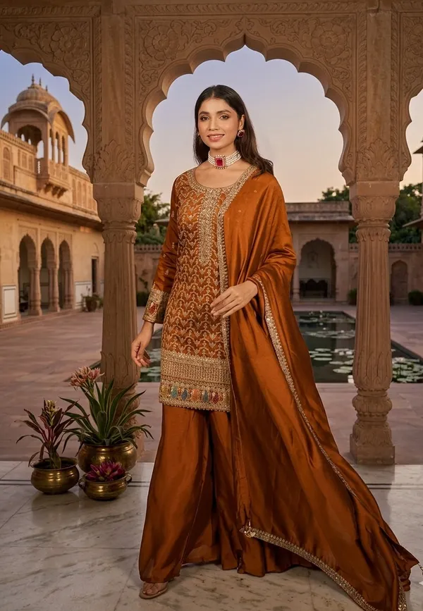 Women's_New_Rose_Gold_Embroidered__Kurta_Sharara_Set