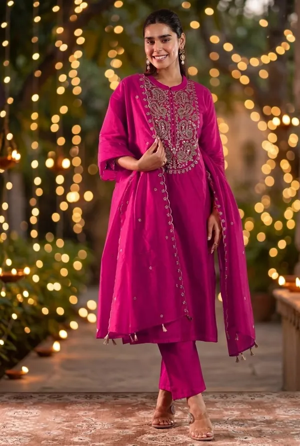 Women’s_Rani_Pink_Silk_Embroidered_Kurti_with_Pant_and_Dupatta_Set