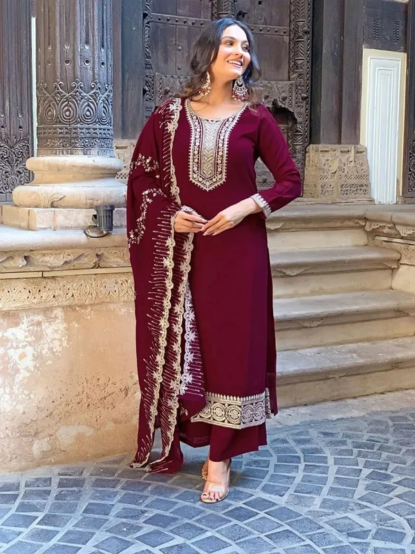 Womens_New_Fancy_Wine_Embroidered_Straight_Suit_Set