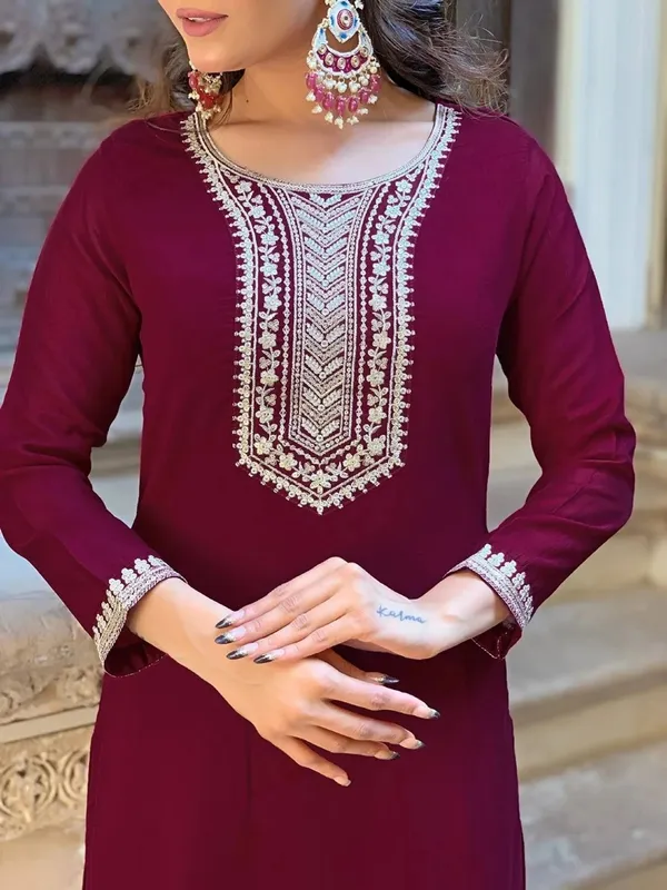 Womens_New_Fancy_Wine_Embroidered_Straight_Suit_Set