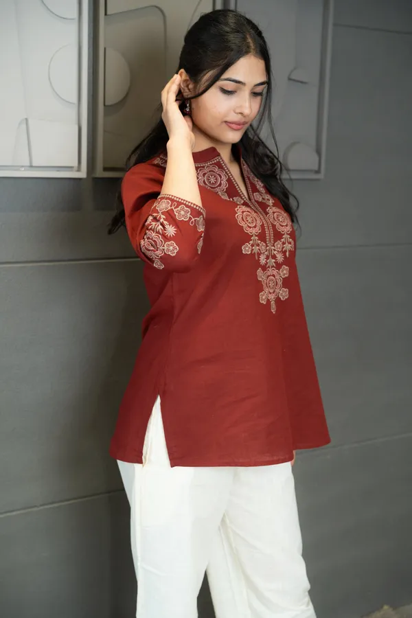 Womens_New_Office_Wear__Sophisticated_Rust_Red_Floral_Embroidered_Tunic_Only__