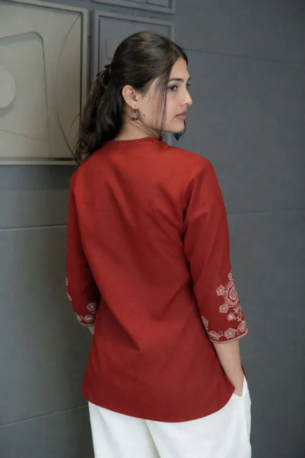 Womens_New_Office_Wear__Sophisticated_Rust_Red_Floral_Embroidered_Tunic_Only__