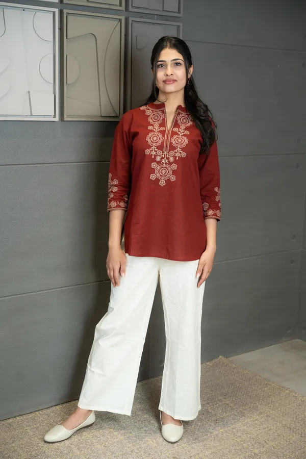 Womens_New_Office_Wear__Sophisticated_Rust_Red_Floral_Embroidered_Tunic_Only__