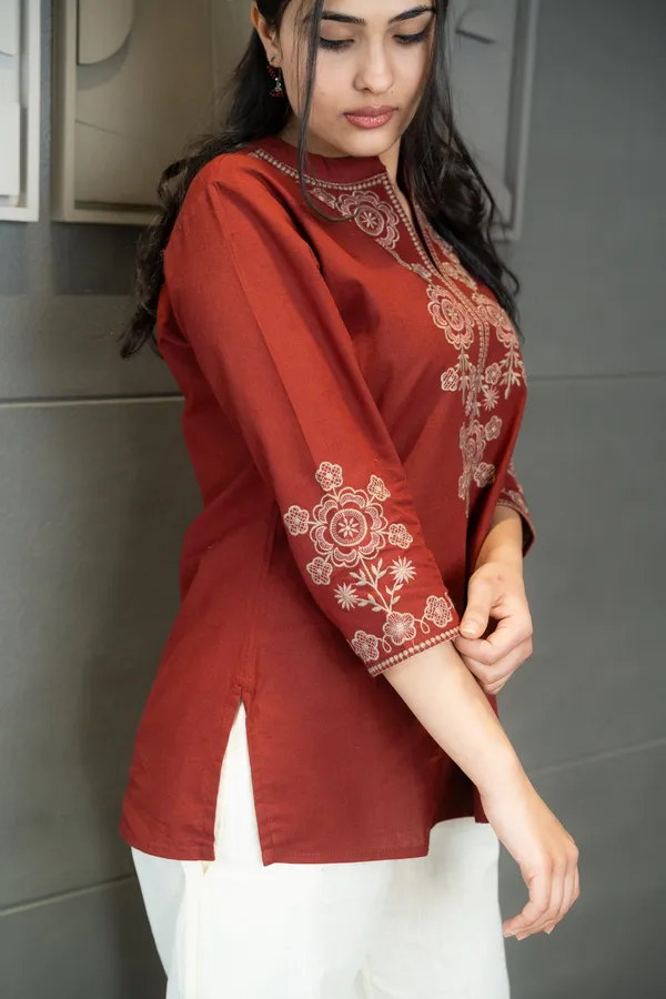 Womens_New_Office_Wear__Sophisticated_Rust_Red_Floral_Embroidered_Tunic_Only__