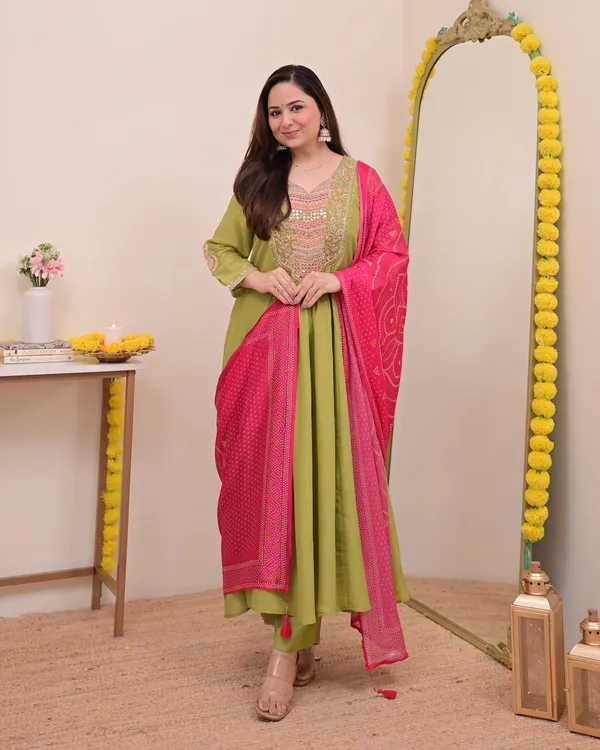 Womens_New_Olive_Green_Anarkali_Suit_with_a_Pink_Bandhani_Dupatta