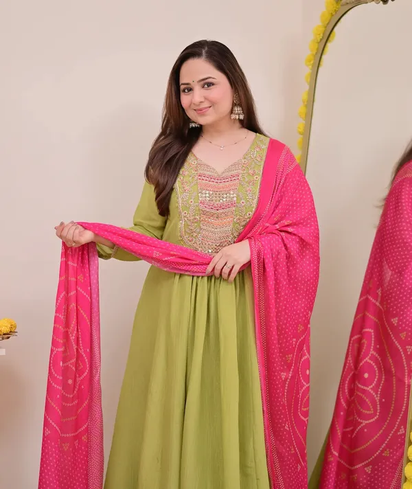 Womens_New_Olive_Green_Anarkali_Suit_with_a_Pink_Bandhani_Dupatta