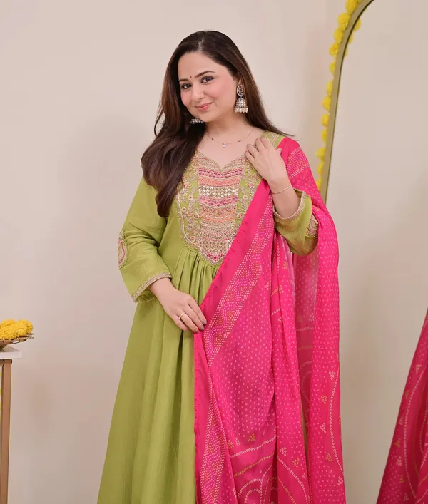 Womens_New_Olive_Green_Anarkali_Suit_with_a_Pink_Bandhani_Dupatta