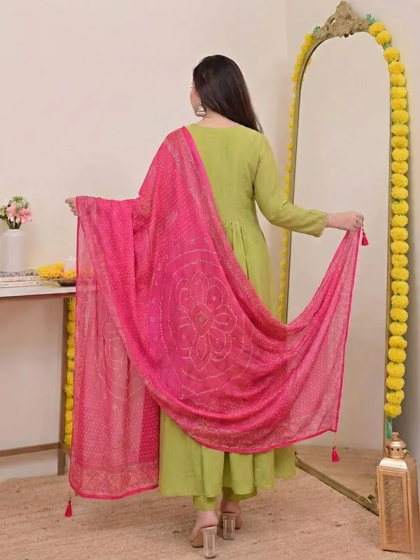Womens_New_Olive_Green_Anarkali_Suit_with_a_Pink_Bandhani_Dupatta