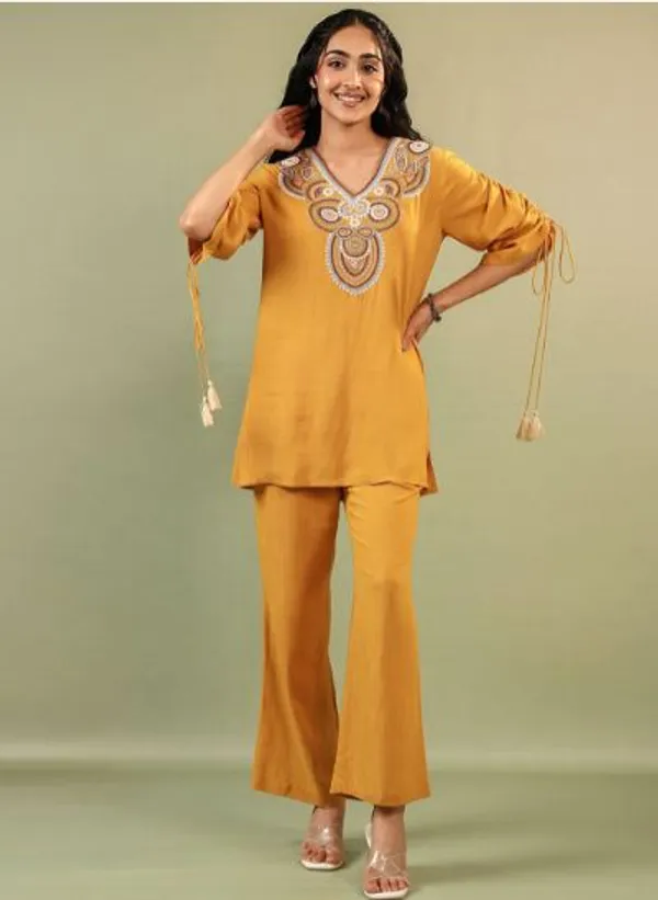 Womens_New_Stylish_Mustard_Yellow_Embroidered_Kurta_&_Pant_Co-ord_Set