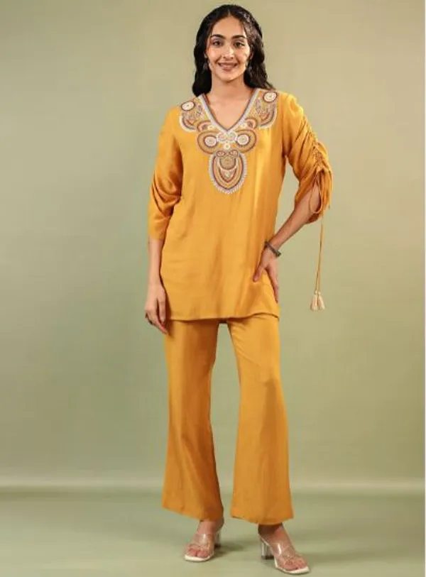 Womens_New_Stylish_Mustard_Yellow_Embroidered_Kurta_&_Pant_Co-ord_Set