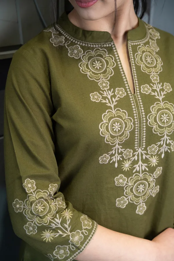 Womens__New_Office_Wear_Olive_Green_Embroidered_Cotton_Kurti_Only_