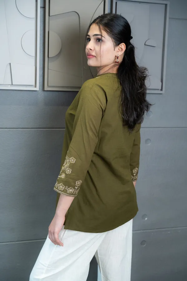 Womens__New_Office_Wear_Olive_Green_Embroidered_Cotton_Kurti_Only_