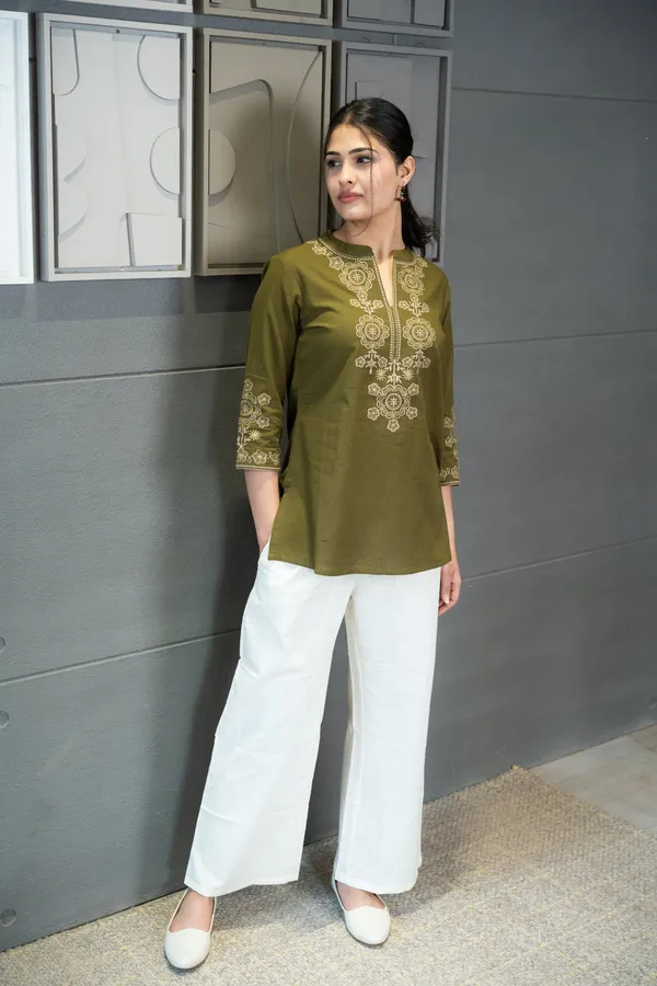 Womens__New_Office_Wear_Olive_Green_Embroidered_Cotton_Kurti_Only_