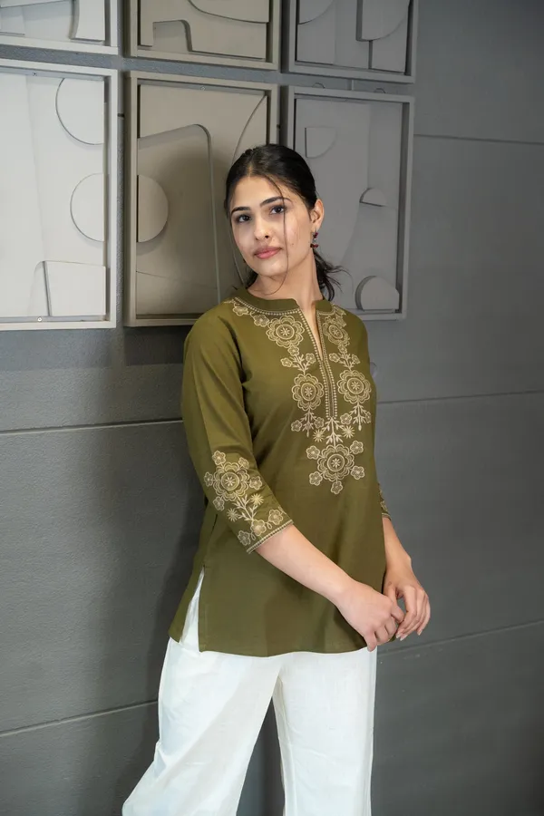 Womens__New_Office_Wear_Olive_Green_Embroidered_Cotton_Kurti_Only_