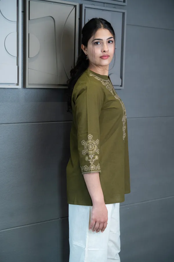 Womens__New_Office_Wear_Olive_Green_Embroidered_Cotton_Kurti_Only_