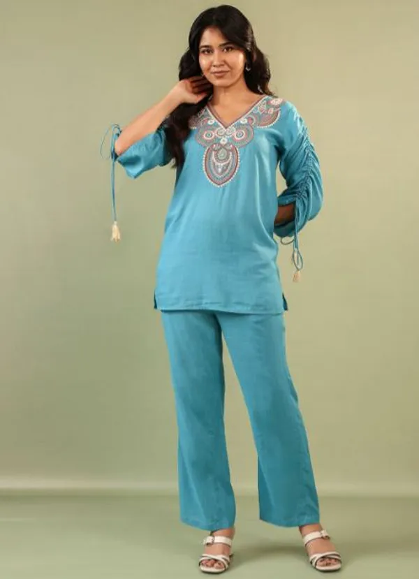 Womens_Stylish_Turquoise_Blue_Embroidered_Kurta_&_Pant_Set