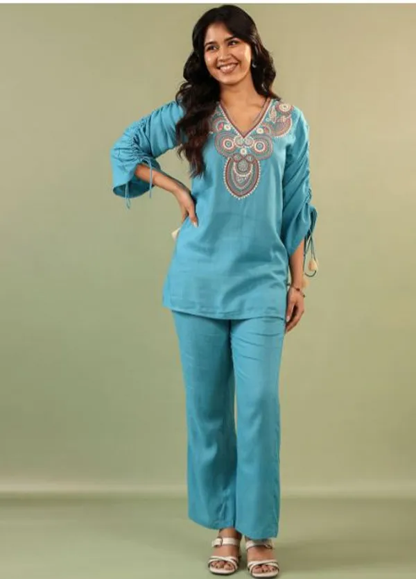 Womens_Stylish_Turquoise_Blue_Embroidered_Kurta_&_Pant_Set