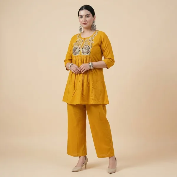 Yellow_Rayon_Embroidered_Kurti_Pant_Set_For_Women_And_Girls