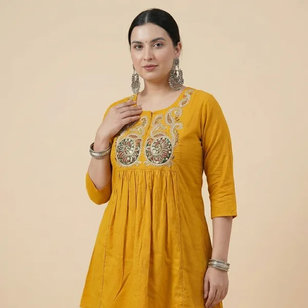 Yellow_Rayon_Embroidered_Kurti_Pant_Set_For_Women_And_Girls