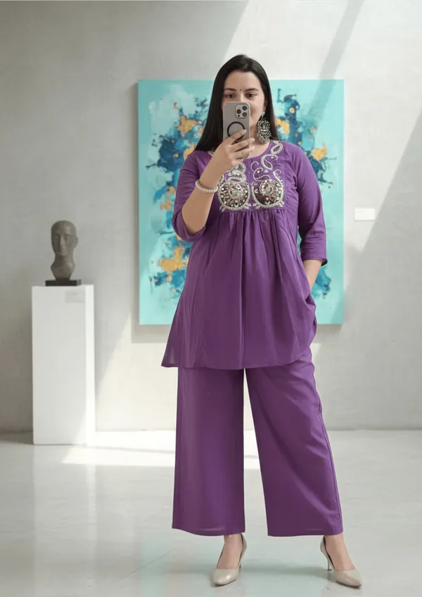 Purple_Cotton_Blend_Embroidered_Kurti_Pant_Set_For_Women_And_Girls