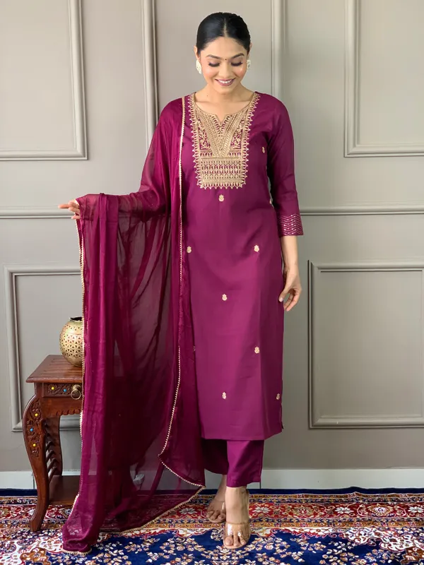 Wine_Rayon_Slub_Embroidered_Kurta_Pant_Dupatta_Set_For_Women_And_Girls