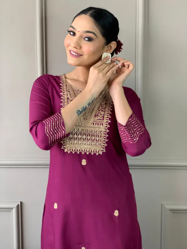 Wine_Rayon_Slub_Embroidered_Kurta_Pant_Dupatta_Set_For_Women_And_Girls