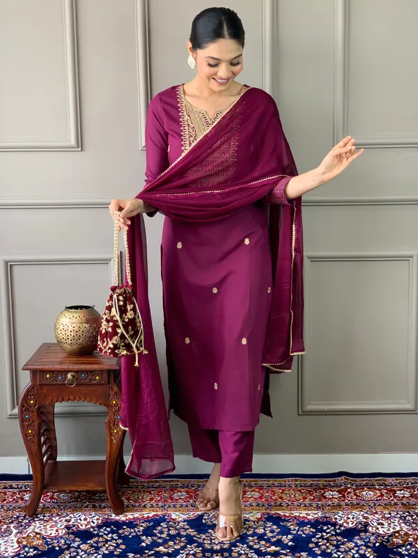 Wine_Rayon_Slub_Embroidered_Kurta_Pant_Dupatta_Set_For_Women_And_Girls