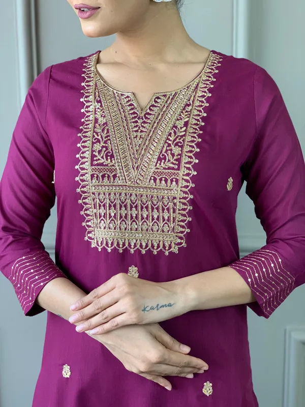 Wine_Rayon_Slub_Embroidered_Kurta_Pant_Dupatta_Set_For_Women_And_Girls