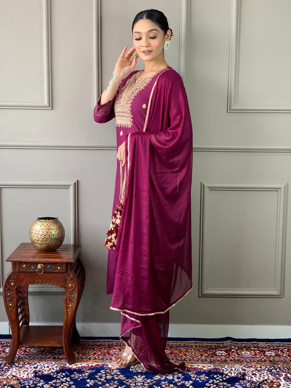 Wine_Rayon_Slub_Embroidered_Kurta_Pant_Dupatta_Set_For_Women_And_Girls