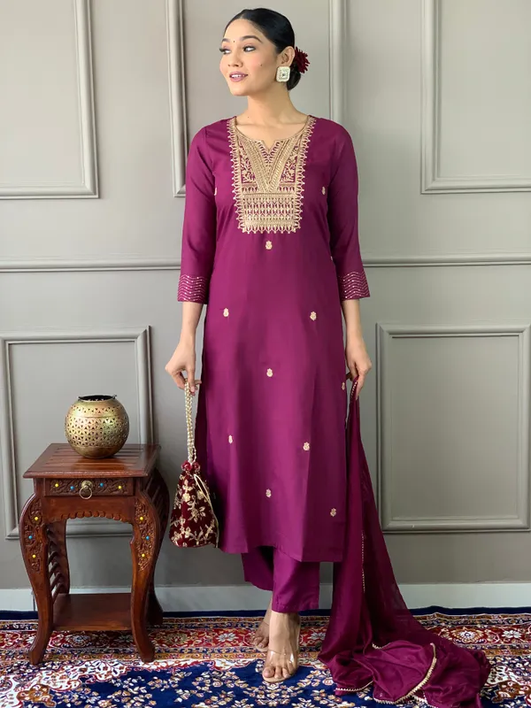 Wine_Rayon_Slub_Embroidered_Kurta_Pant_Dupatta_Set_For_Women_And_Girls