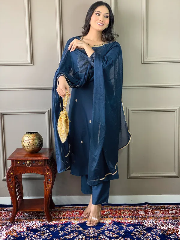 Dark_Blue_Rayon_Slub_Embroidered_Kurta_Pant_Dupatta_Set_For_Women_And_Girls