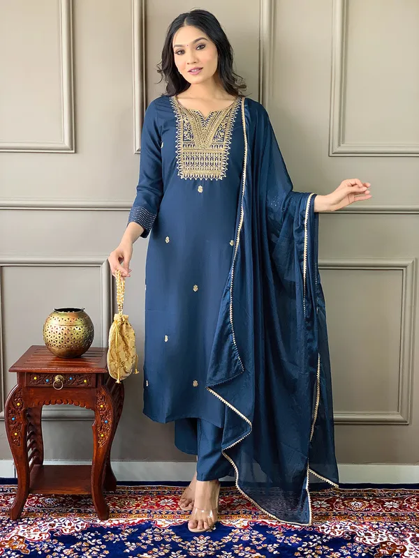 Dark_Blue_Rayon_Slub_Embroidered_Kurta_Pant_Dupatta_Set_For_Women_And_Girls
