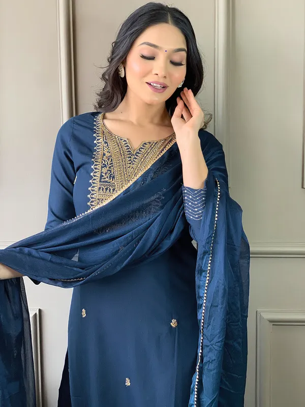 Dark_Blue_Rayon_Slub_Embroidered_Kurta_Pant_Dupatta_Set_For_Women_And_Girls