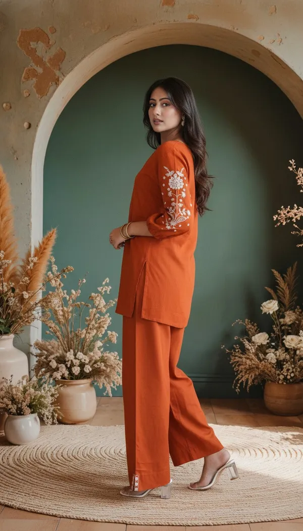 Orange_Rayon_Embroidered_Kurti_Pant_Set_For_Women_And_Girls