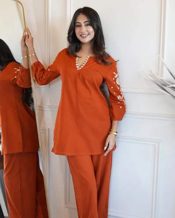 Orange_Rayon_Embroidered_Kurti_Pant_Set_For_Women_And_Girls