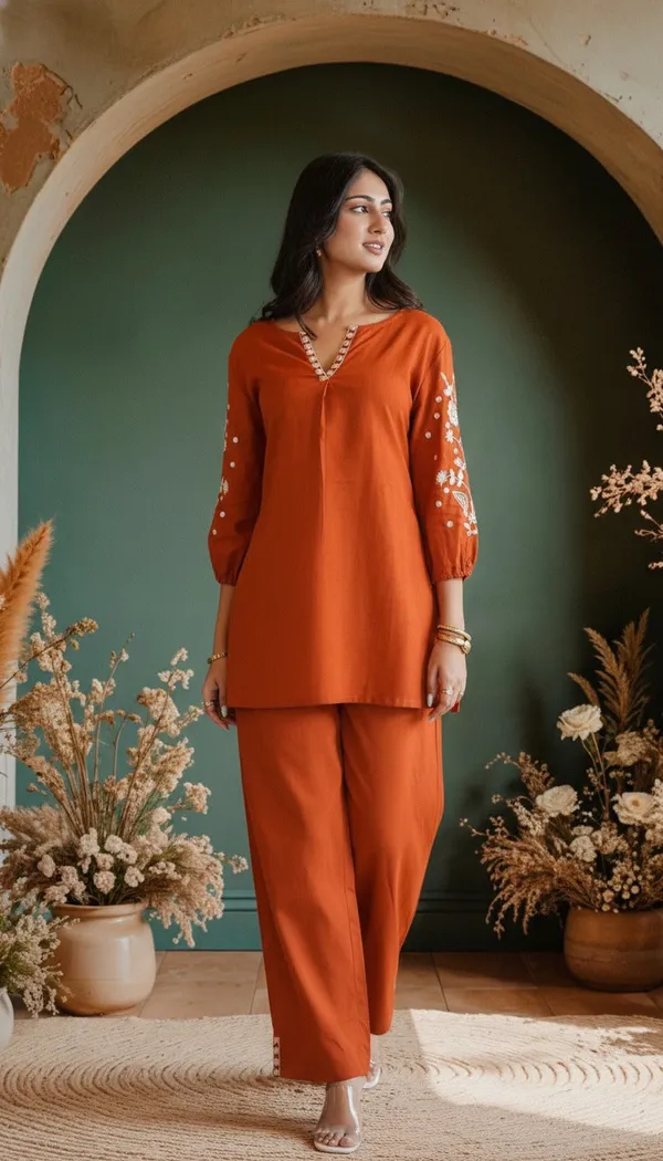 Orange_Rayon_Embroidered_Kurti_Pant_Set_For_Women_And_Girls