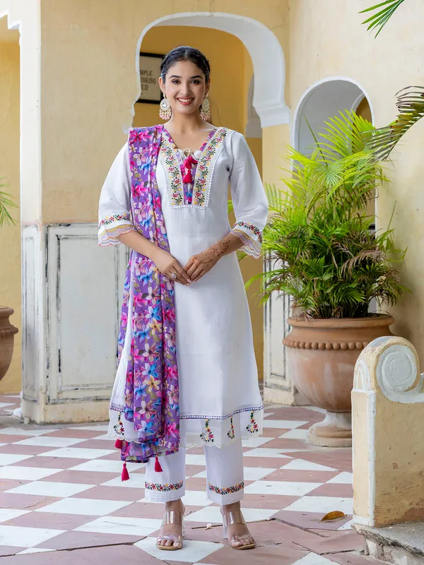 White_Chanderi_Silk_Embroidered_Kurta_Pant_Dupatta_Set_For_Women_And_Girls