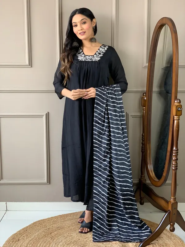 Black_Rayon_Embroidered_Kurti_Pant_Dupatta_Set_For_Women_And_Girls