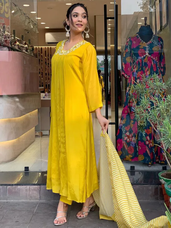 Yellow_Rayon_Embroidered_Kurti_Pant_Dupatta_Set_For_Women_And_Girls