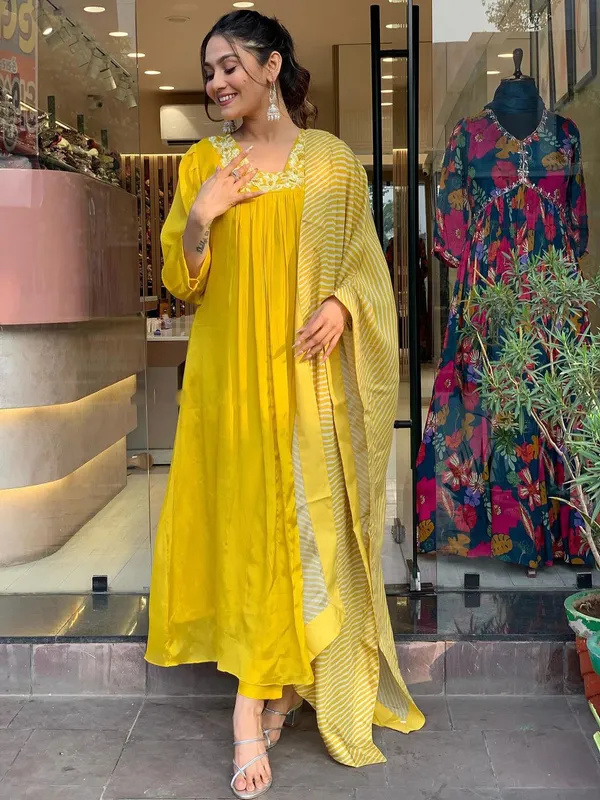 Yellow_Rayon_Embroidered_Kurti_Pant_Dupatta_Set_For_Women_And_Girls