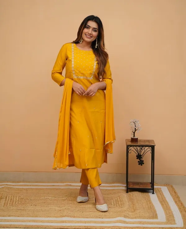 Yellow_Rayon_Embroidered_Kurti_Pant_Dupatta_Set_For_Women_And_Girls